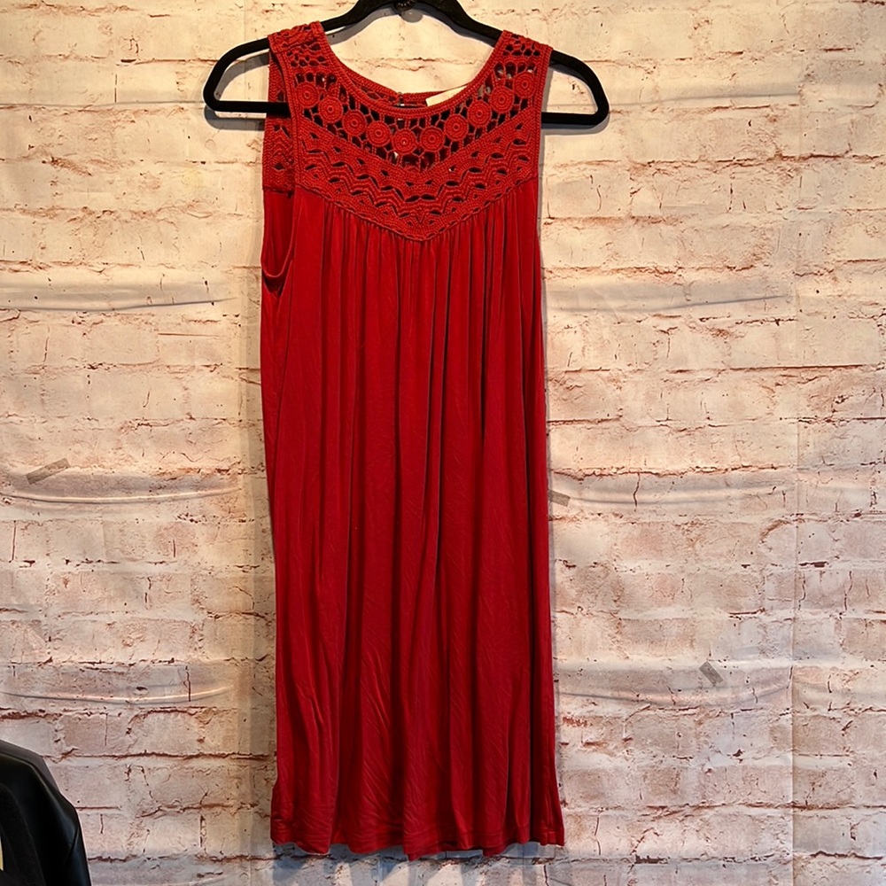 LOFT red tank swing dress medium sleeveless crochet neck button closure